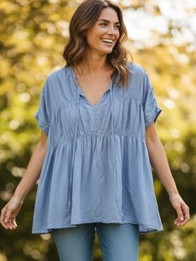 Women’s Gathered V-Neck Blouse in Slate Blue XL